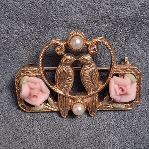 Vintage 1928 Love Birds Porcelain Rose Brooch